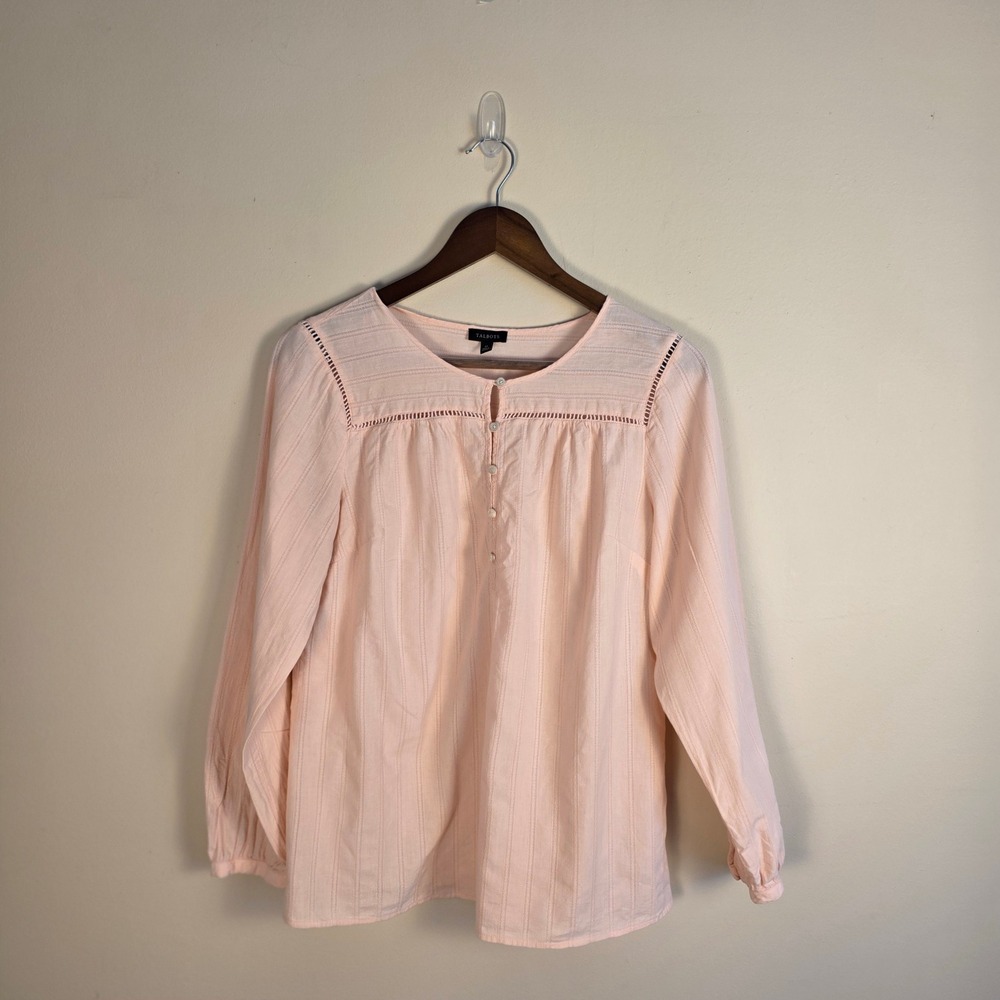 Talbots Blouse Women Medium Pink Long Sleeve Cotton Ladder Trim Henley Textured